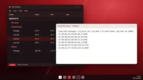 HW Monitor with logging switched on beside a CSV log file of temperatures, power and fan speed