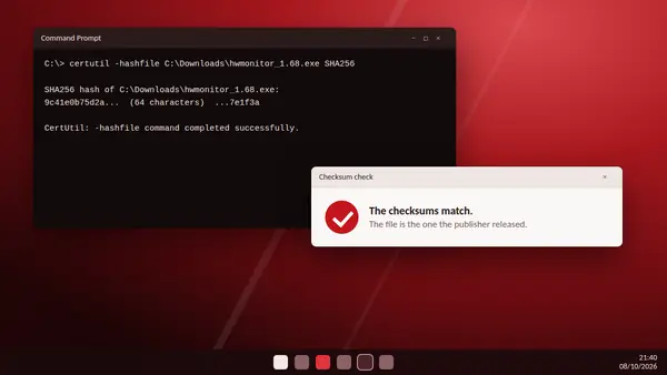 Command Prompt running certutil on the HW Monitor file with a message that the checksums match